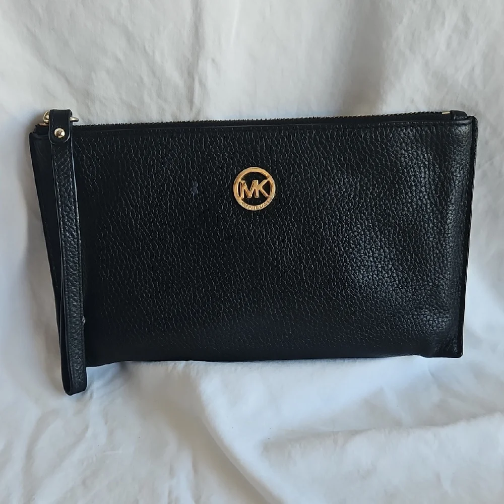 Michael Kors Black Leather Wristlet with Gold Logo